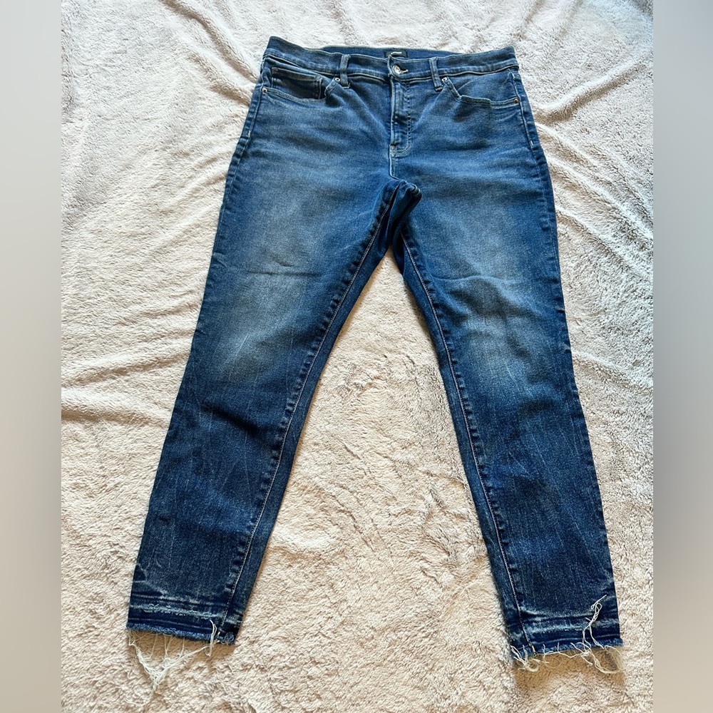 Express High Waisted Medium Wash Ripped Raw Drop Hem Skinny Jeans